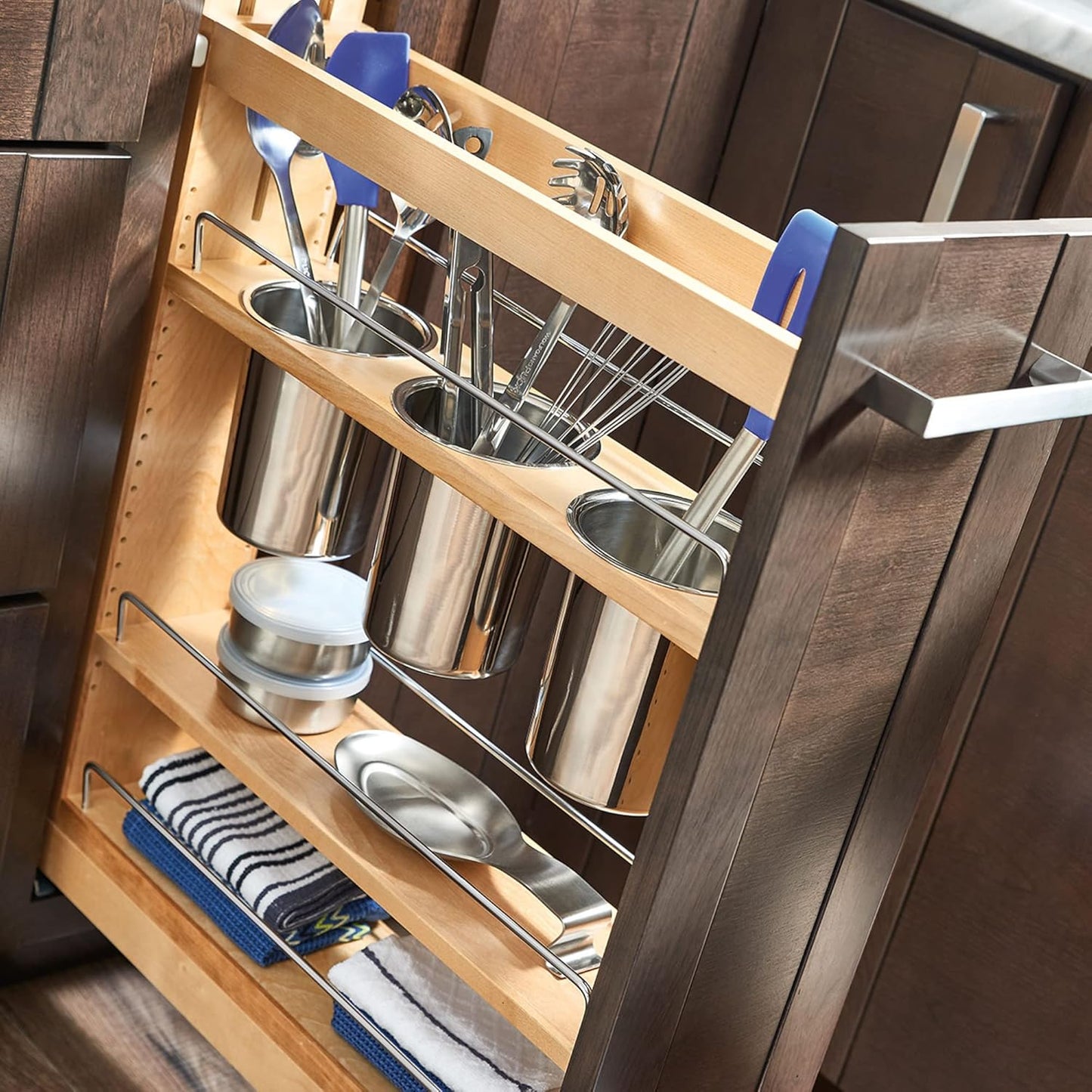Rev-A-Shelf Pullout Organizer w/Soft-Close, Min Cabinet Opening 5.5" W | 5" W Slide Out Pantry Spice or Utensil Storage Rack w/BLUM Soft-Close & Adjustable Shelves for Base Cabinet, 448UT-BCSC-5C