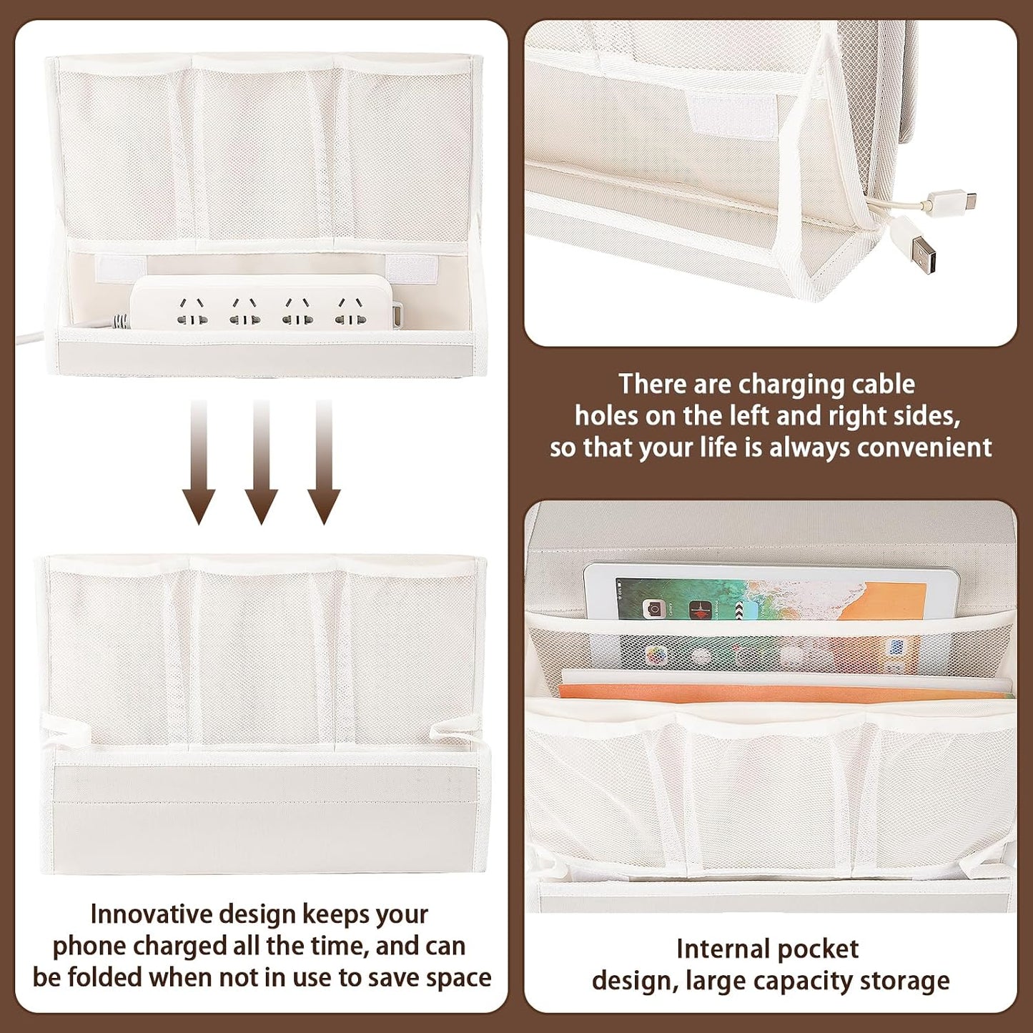 Bedside Caddy Organizer for Dorm Bed Rails with 7 Pockets, Gray | Bed Pockets Bedside Storage with Power Strip Holder & 2 Adjustable Straps for Home, College, Dorm, Hospital Bedside Organizer