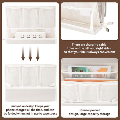 Bedside Caddy Organizer for Dorm Bed Rails with 7 Pockets, Gray | Bed Pockets Bedside Storage with Power Strip Holder & 2 Adjustable Straps for Home, College, Dorm, Hospital Bedside Organizer