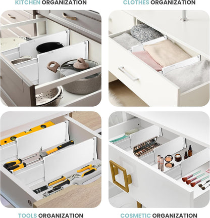 RAPTUROUS Adjustable Deep Drawer Divider – 6" Tall, Expandable 13-22", 4-Pack, Non-Slip Drawer Dividers for Clothes, Dresser, Kitchen & Office Organization (White)