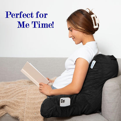 Reading Pillow for Bed with Arms Pockets for Adults, Large Grey | Bed Pillow for Sitting Up for Nursing, Breast Feeding, Bedrest or Relief from GERD or Heartburn; Removable, Washable Cover