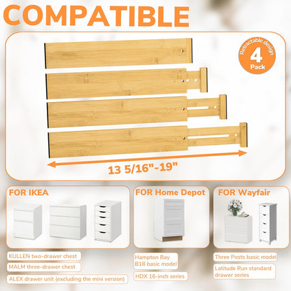 BAMEOS Bamboo Expandable Drawer Dividers – Fits 16.6"–22" Drawers, 2" High, Set of 4 | Spring-Loaded Bamboo Separator for Kitchen Island, Bathroom Vanity & Dresser Drawers