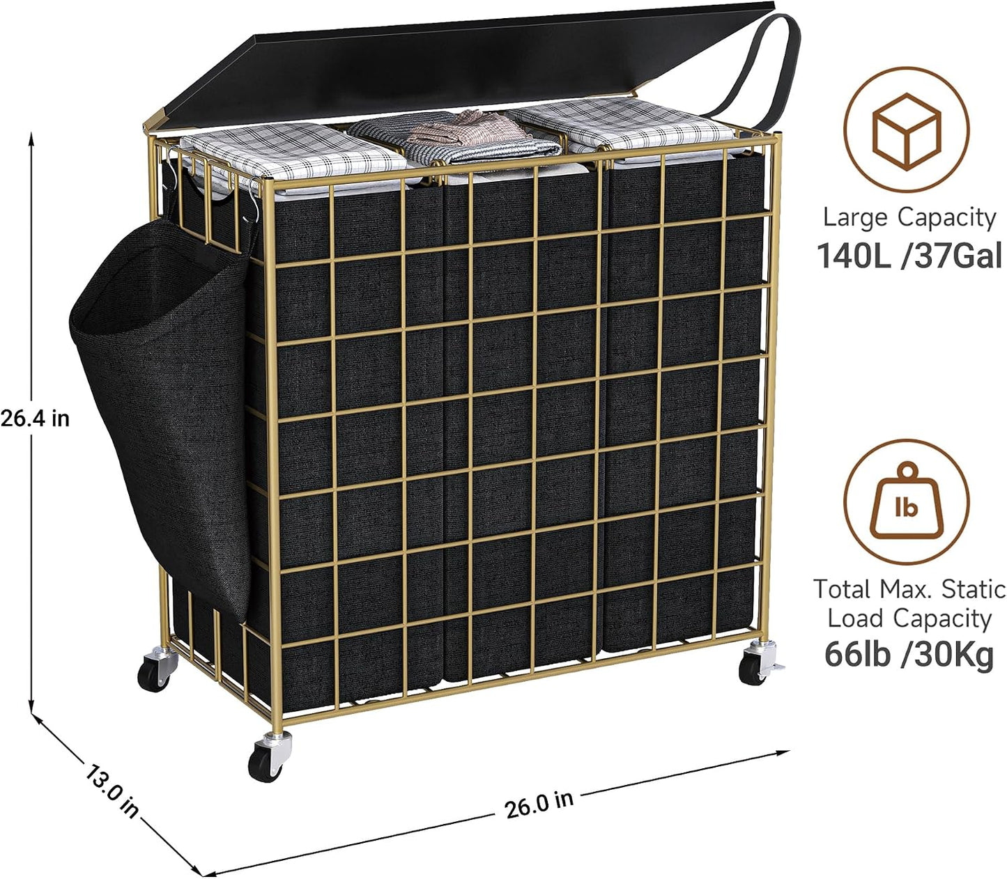 90L Laundry Basket with Wheels, Large Capacity Laundry Hamper with Removable Liner Bags, Heavy Duty Laundry Sorter with Solid Wood Lid & Leather Handles, Grey