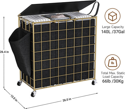 90L Laundry Basket with Wheels, Large Capacity Laundry Hamper with Removable Liner Bags, Heavy Duty Laundry Sorter with Solid Wood Lid & Leather Handles, Grey