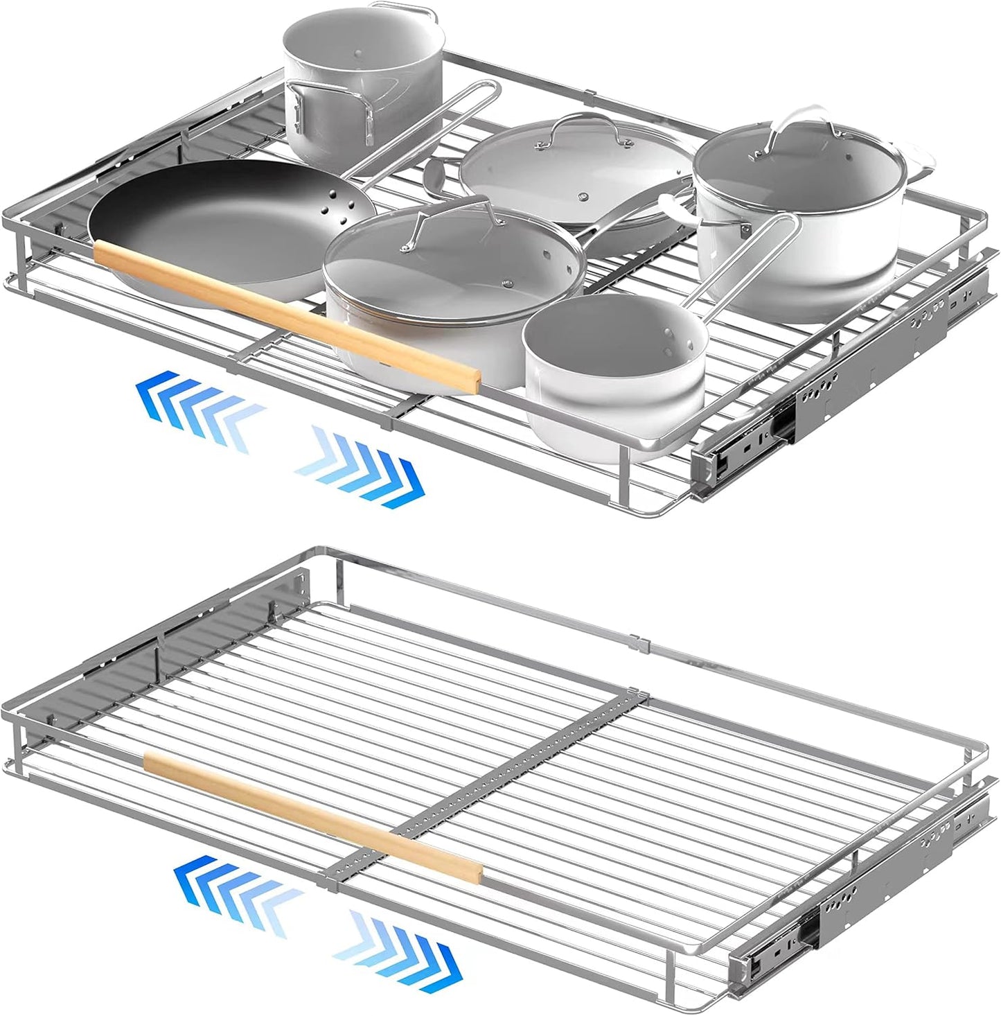 Pull Out Cabinet Organizer, 23~39.8" W x 22.5" D, 2 Pack | Expandable Pull Out Shelves for Kitchen Cabinets, Heavy Duty Stainless Steel Slide Out Pantry Shelves Sliding Shelf for Home