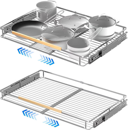 Pull Out Cabinet Organizer, 23~39.8" W x 22.5" D, 2 Pack | Expandable Pull Out Shelves for Kitchen Cabinets, Heavy Duty Stainless Steel Slide Out Pantry Shelves Sliding Shelf for Home
