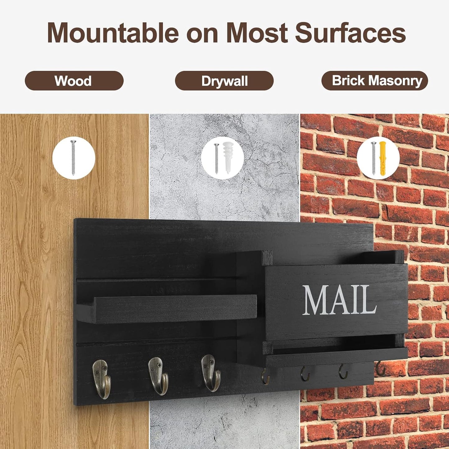 Lwenki Mail Organizer for Wall Mount – Key Holder with Shelf Includes Letter Holder and Hooks for Hallway Farmhouse Decor – Rustic Wood with Flush Mounting Hardware (16.5” x 9.1” x 3.4”) (White)