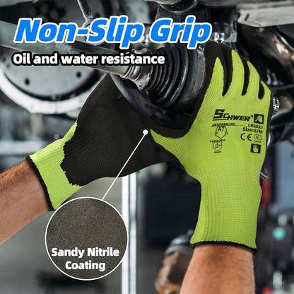 Schwer 2 Pairs A7 Cut Resistant Work Gloves, Touchscreen, CR3027, L | Sandy Nitrile Coated, Superior Grip, Used for Woodworking, Glass Cutting, Construction, Cargo Handling, Gardening, Car Repair