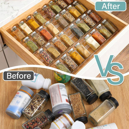 8 Pack Spice Drawer Organizer with 18 Anti-Slip Mats, 13" to 26" Expandable Acrylic Seasoning Organizer Rack Tray Kitchen Spice Rack Drawer Holds up to 56 Jars (Jars Not Included)