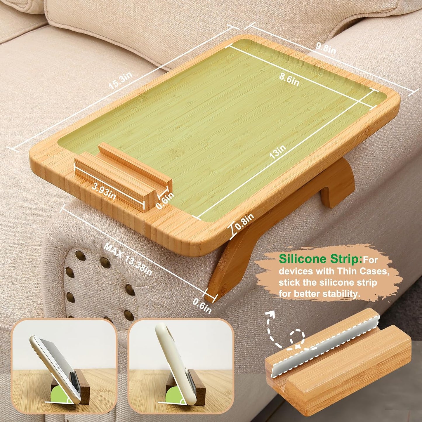 Couch Arm Tray,Bamboo Sofa Clip on Side Table,Foldable Couch Armrest Table with 360°Rotating Phone Holder,Anti Slip Food Trays for Eating/Drinks/Snacks/Remotes 15.35" x 9.85"
