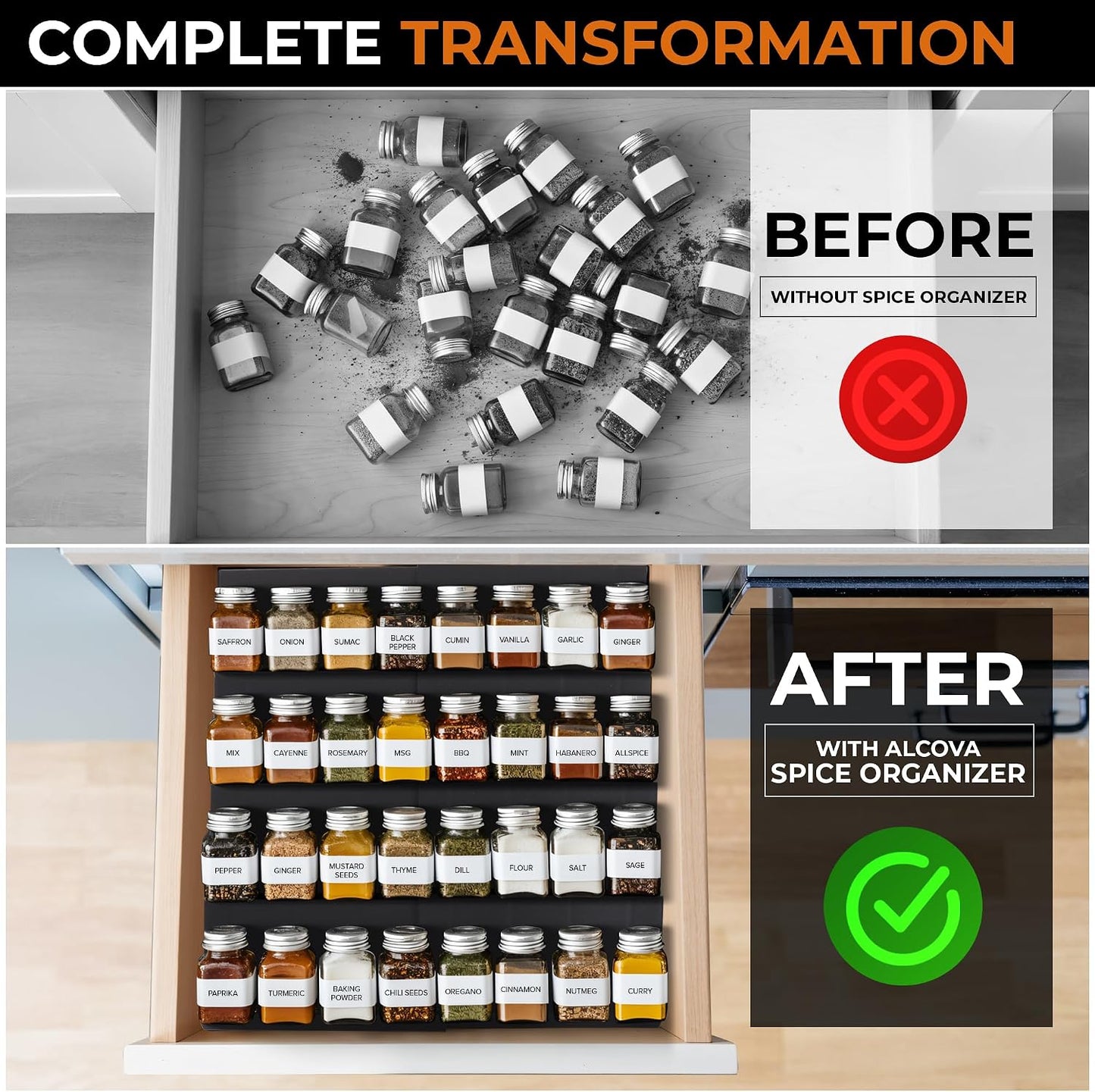 ALCOVA Spice Drawer Organizer Expandable 9-18" Black (Jars Not Included) | Black 4-tier expandable spice drawer organizer 9-18". Holds 16-32 4oz jars. Tool-free custom kitchen cabinet storage