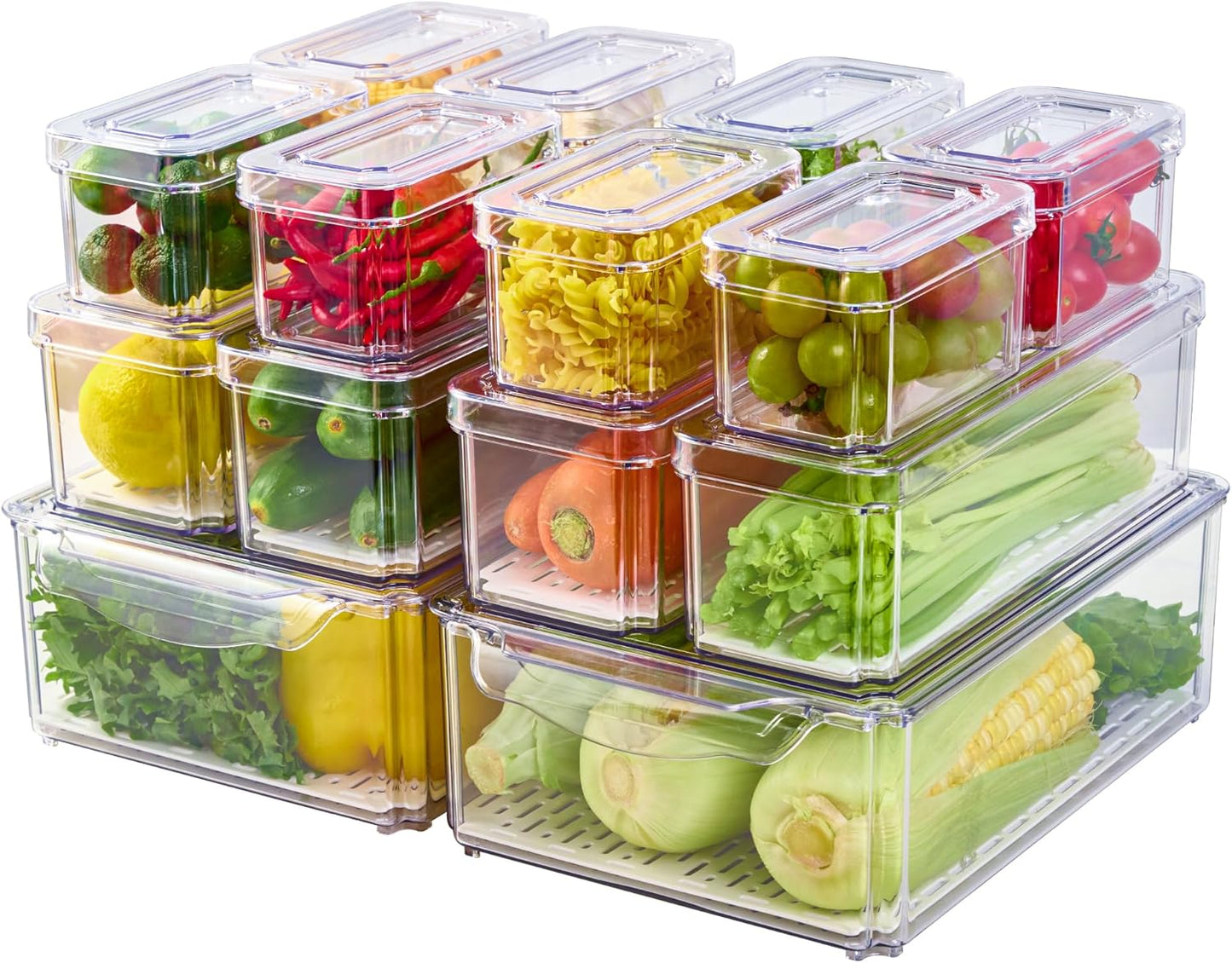 JollyPack Fridge Organizers, Refrigerator Organizer Bins with Lids, 14 Pack | BPA Free, Stackable Fruit Storage Containers, Great for Fridge, Vegetables, Food and Drinks