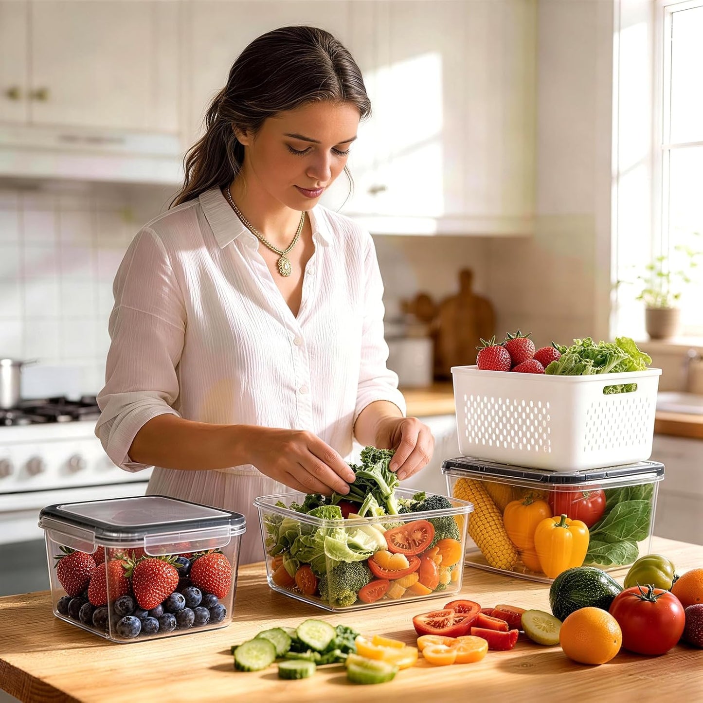 HOMETALL 4 Pack Fruit Storage Containers for Fridge Set, Produce Containers for Fridge with Strainer, Plastic Reusable Fridge Organizers and Storage for Berry Salad Lettuce, Size 3.4, 1.8, 0.9, 0.4QT
