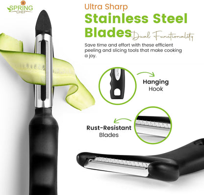 Spring Chef Swivel Potato Peeler & Julienne Vegetable Peeler w/Soft Handle | Premium Multifunctional Peelers for Kitchen with Sharp Stainless Steel Blades & Blade Covers, Dishwasher Safe Veggie Peelers