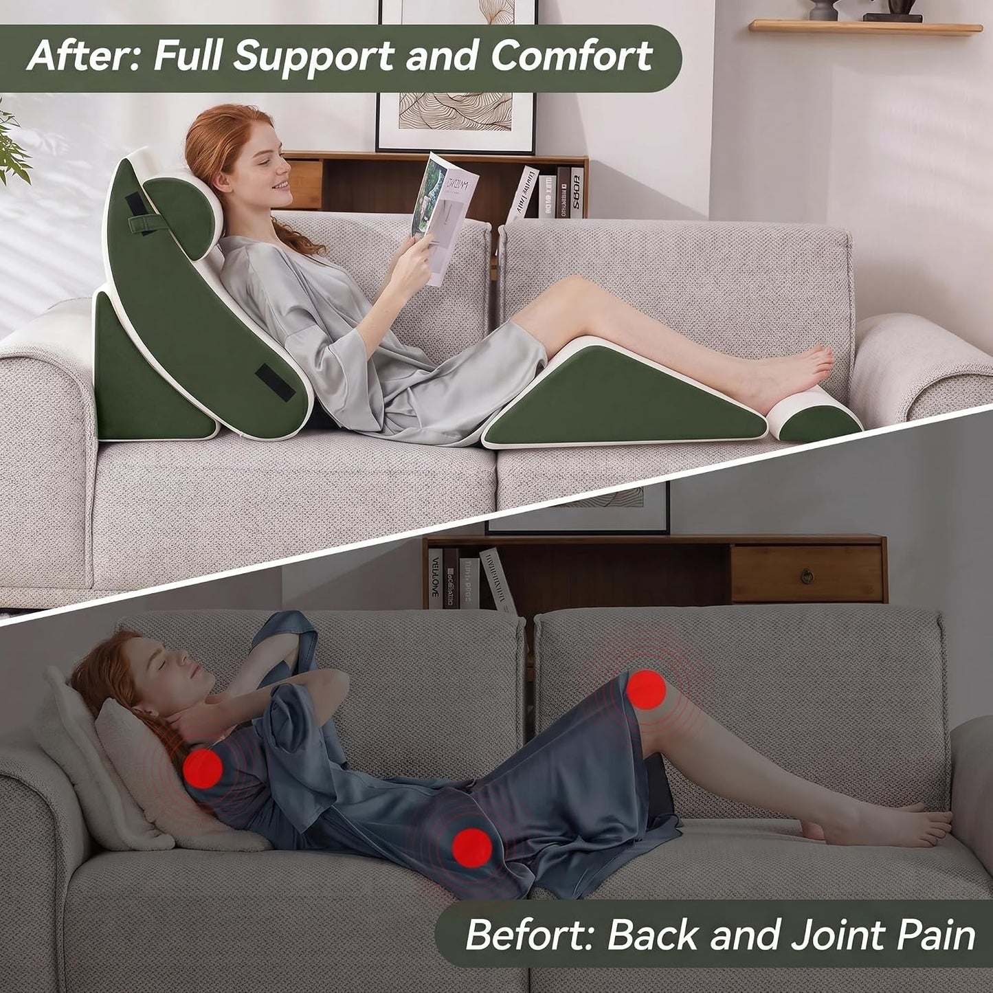 5PCS Wedge Pillow Set for After Surgery,Bed Pillow for Sleeping | Memory Foam Orthopedic Back Pillow for Pain Relief and Acid Reflux, Adjustable Sitting Up for Bed Post Surgery Pillow Green