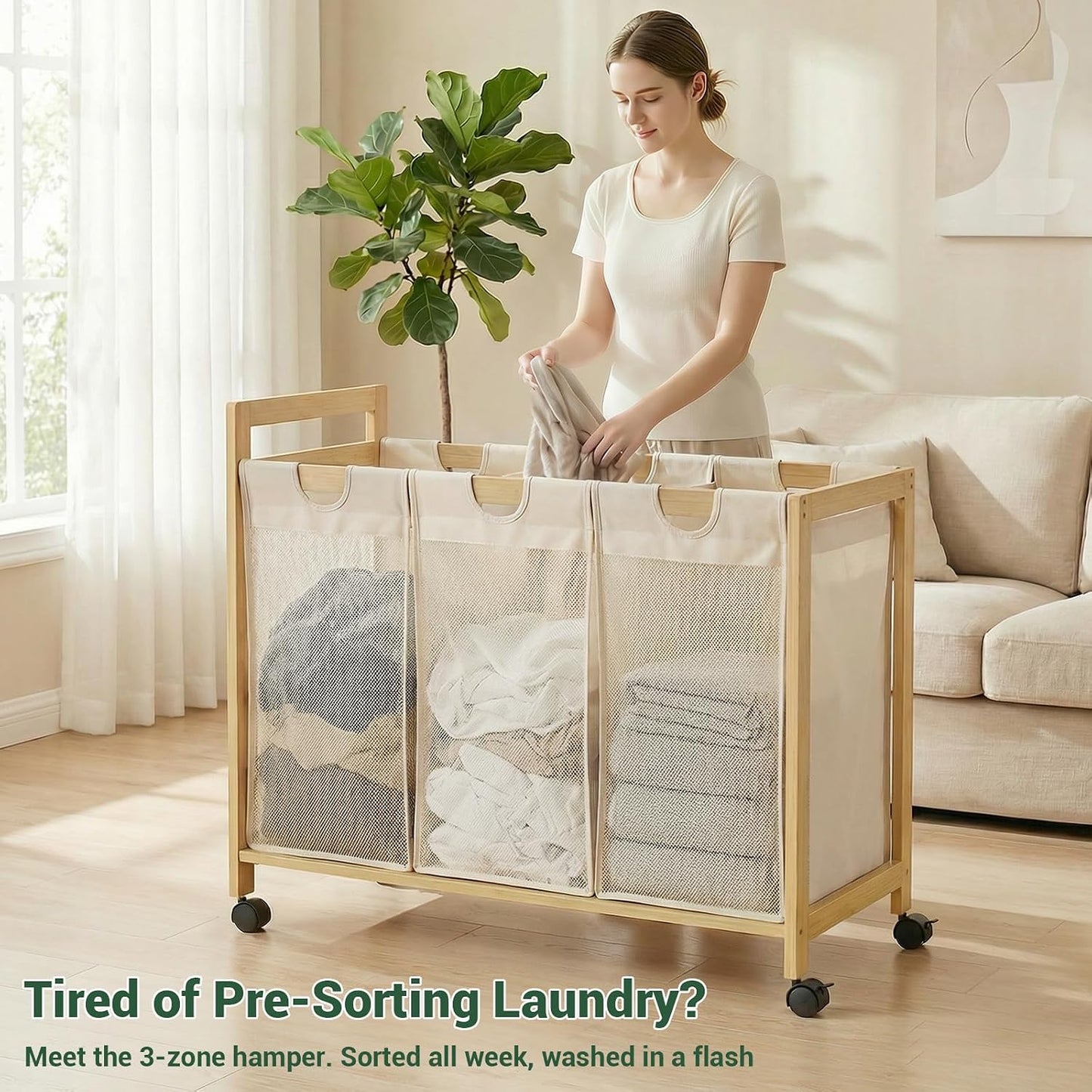 250L Laundry Sorter with Wheels, 3-Section Laundry Hamper, Black | 66 Gal Large Laundry Cart with Removable Bags, Rolling Laundry Basket, Water-Resistant, Bamboo Frame, Laundry Room Organizer