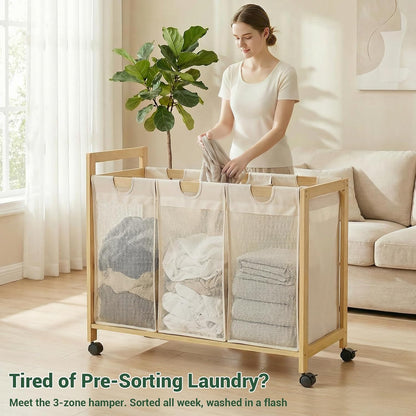 250L Laundry Sorter with Wheels, 3-Section Laundry Hamper, Black | 66 Gal Large Laundry Cart with Removable Bags, Rolling Laundry Basket, Water-Resistant, Bamboo Frame, Laundry Room Organizer