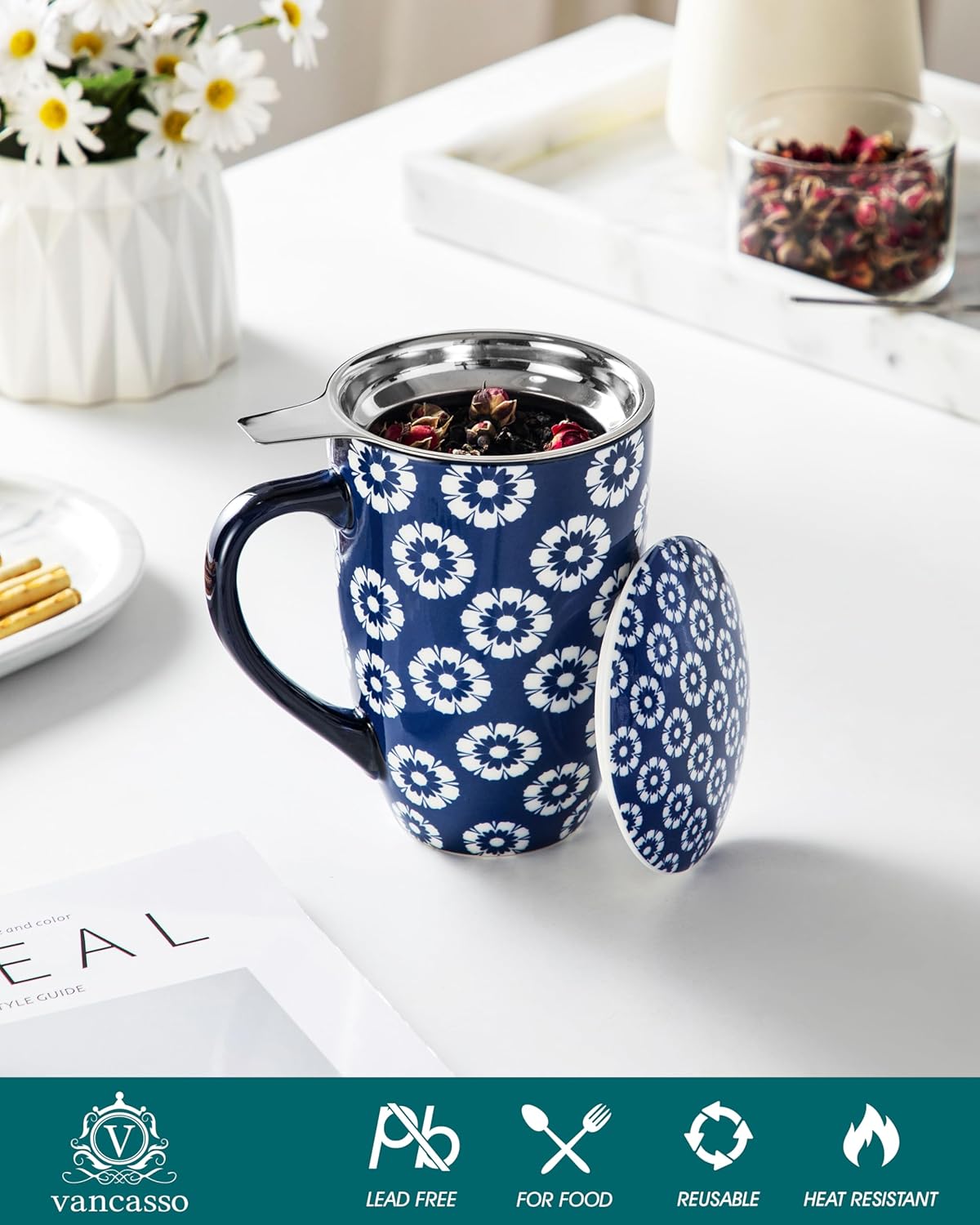 vancasso SELENE Porcelain Tea Mug, 18 oz Porcelain Tea Cup with Infuser and Lid Steeps Loose Leaf Tea, Microwave & Dishwasher Safe, Five-Leaf Clover