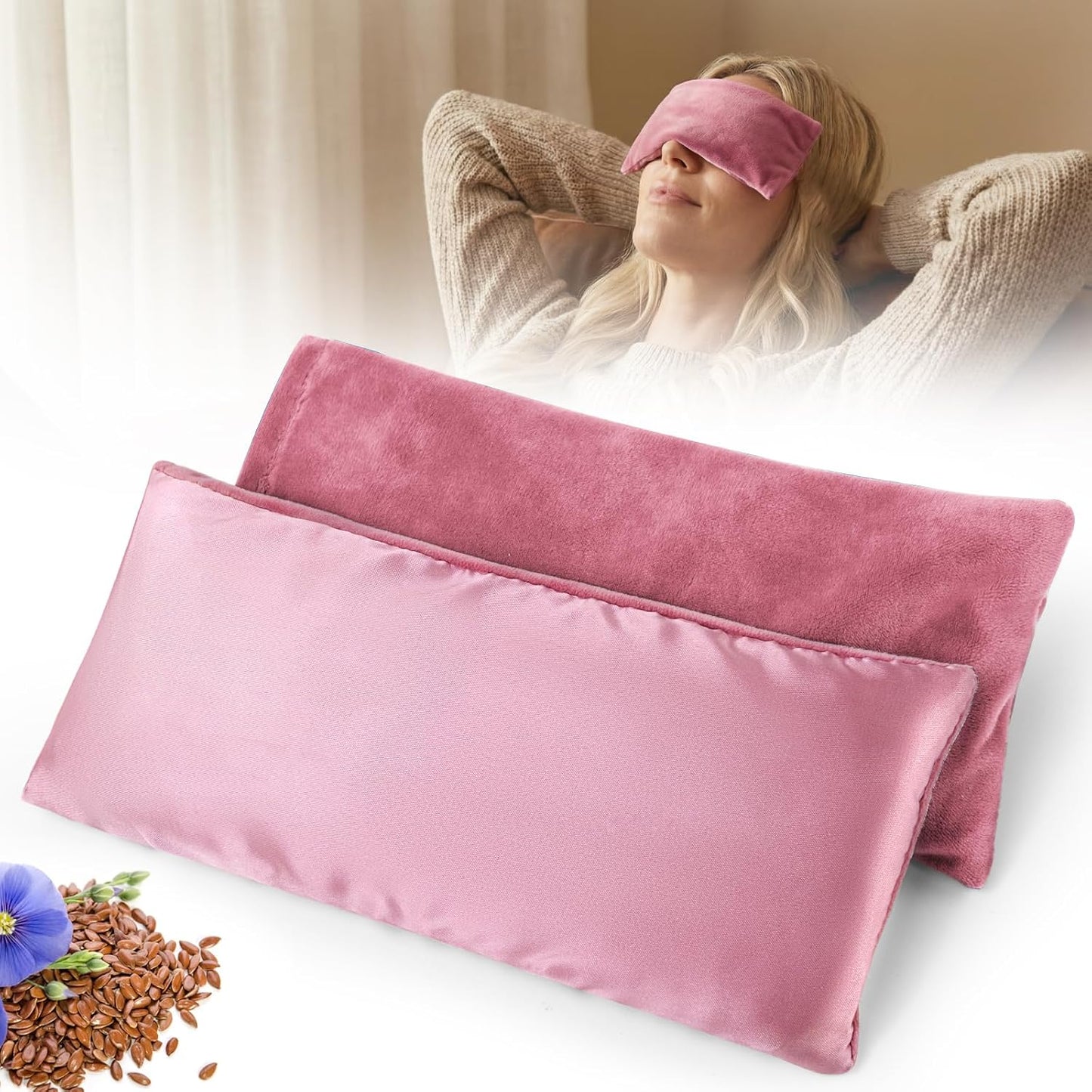 Weighted Eye Pillow for Yoga, Moist Heat Mask for Dry Eyes(Pink) | Silk Sleep Mask, Warm Compress for Sinus, Relaxation Gifts for Women, Washable Cover