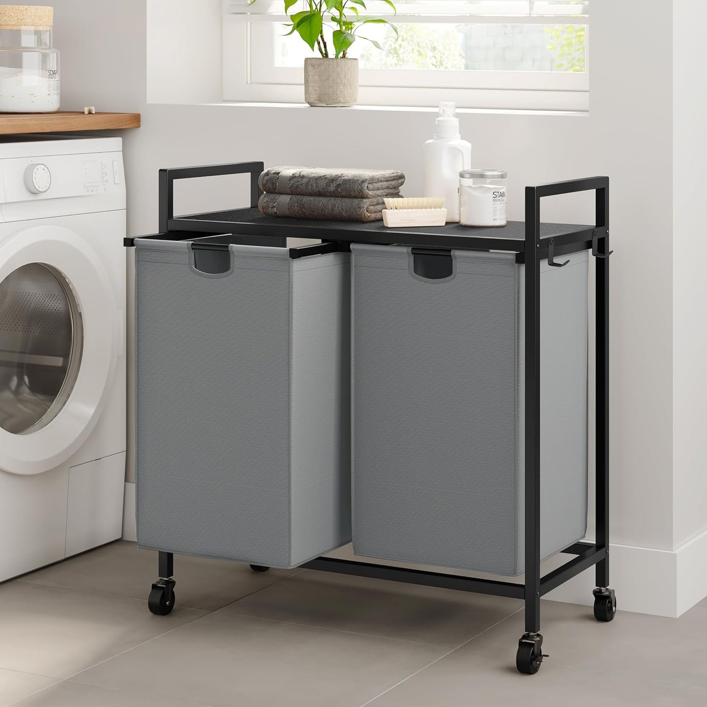 WOWLIVE Double Laundry Hamper with Wheels, Rolling Laundry Basket Organizer | Laundry Hamper 2 section with Lid, Iron-Made Laundry Sorter with Shelf, Removable Bags, Large Clothes Storage, White