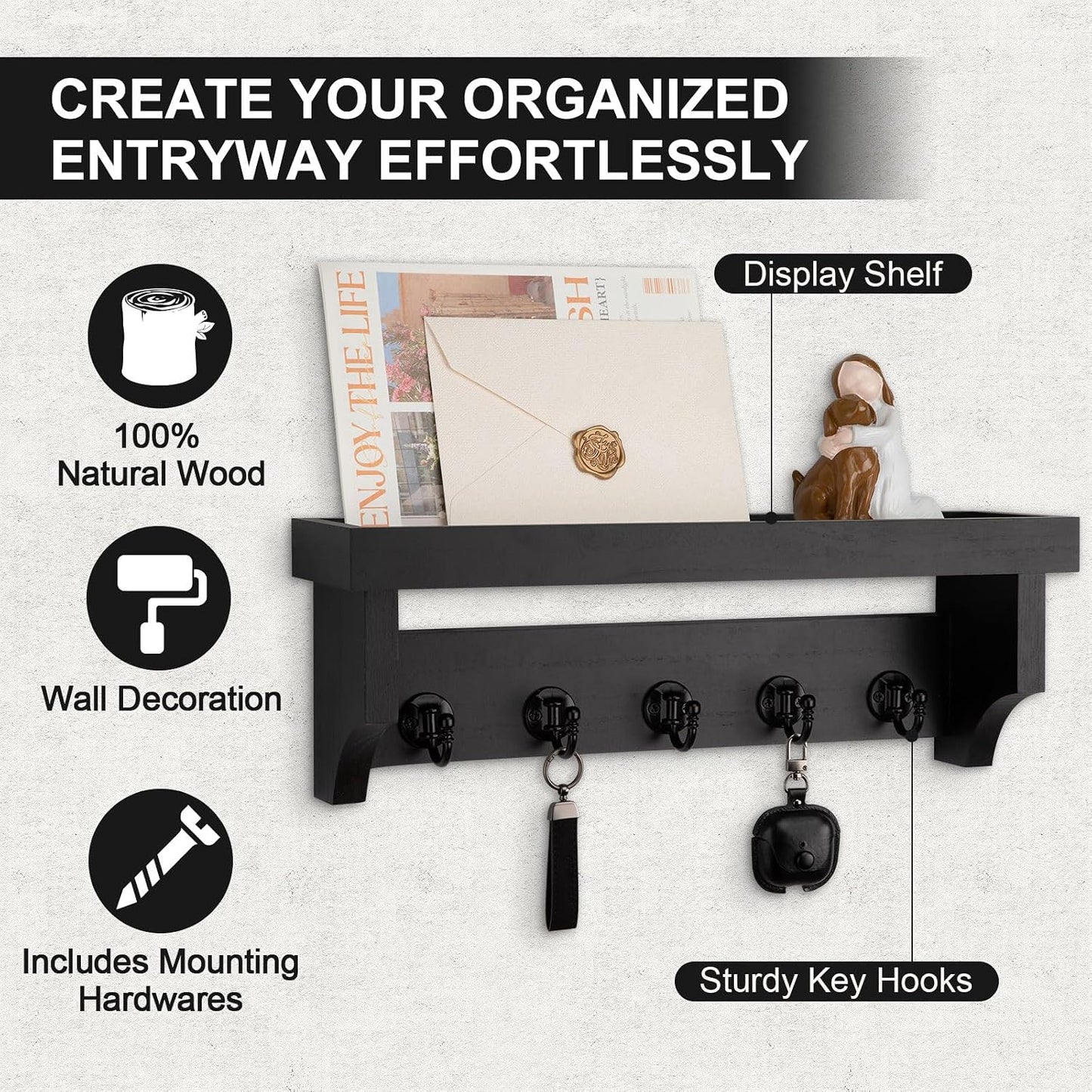 Key and Mail Holder Wall Mount, Mail Organizer with 5 Key Hooks | Key Holder with Shelf, Key Holder for Coat, Dog Leash, Home Decor Rack, Entry Way Organizer