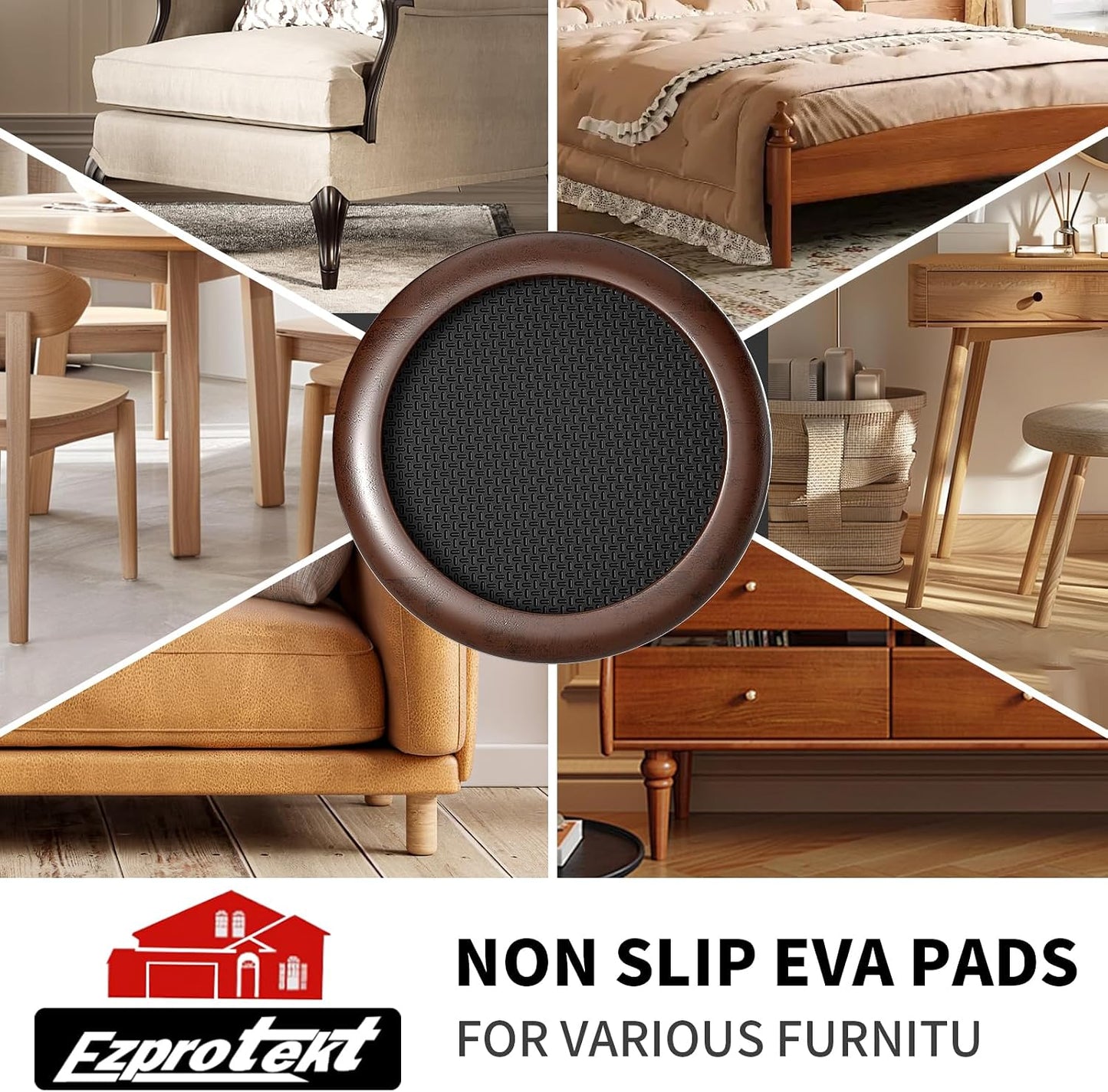 Ezprotekt 2 inch Non Slip Wood Furniture Pads for Hardwood Floors, 4 Pcs Round Anti Slip Furniture Coaster Cups Floor Protectors with Anti-Slide EVA for Chair Sofa Table Bed Couch (Dark Brown)