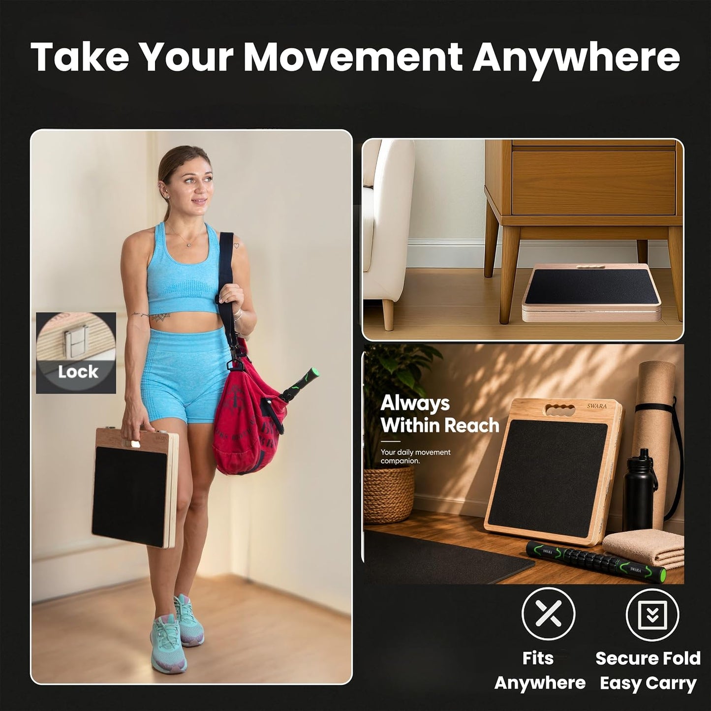 Swara 17″ Wide Wooden Slant Board for Calf Stretching & Squats, Foldable | Adjustable Calf Stretcher with Thicker Base, Foldable Wide Slant Board, Exercise Guide, Free Muscle Roller and 400lb Capacity