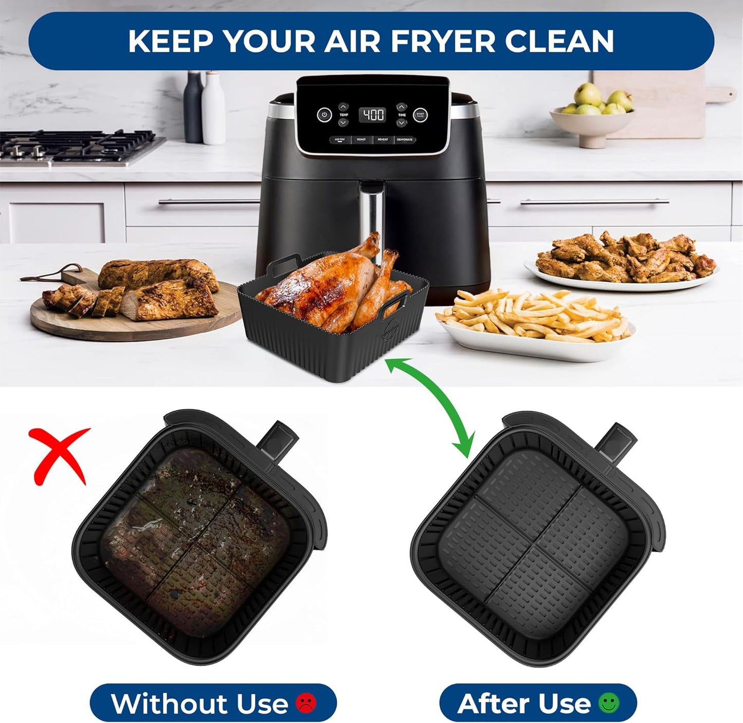Premium 8.3inch Square Air Fryer Silicone Liners for 6Qt Coosri Air Fryer | 0.1inch Liner Thickness & 0.3mm high Silicone Lines on Base | Dishwasher Safe |