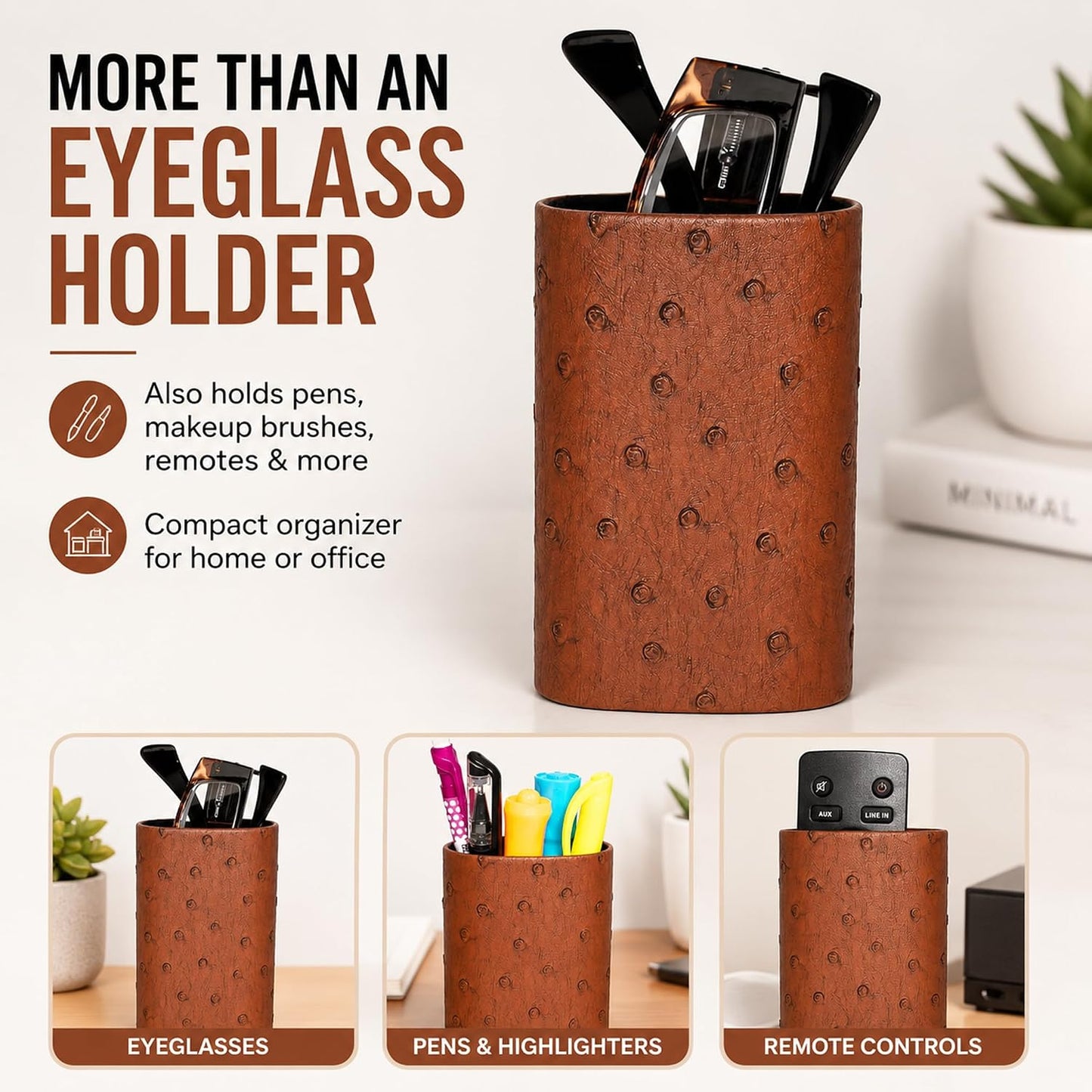 Calabria Desktop Eye Glasses Holder Soft Lining Weighted Base Eyeglasses Stand Case Desks Nightstands PU Leather Mens Womens