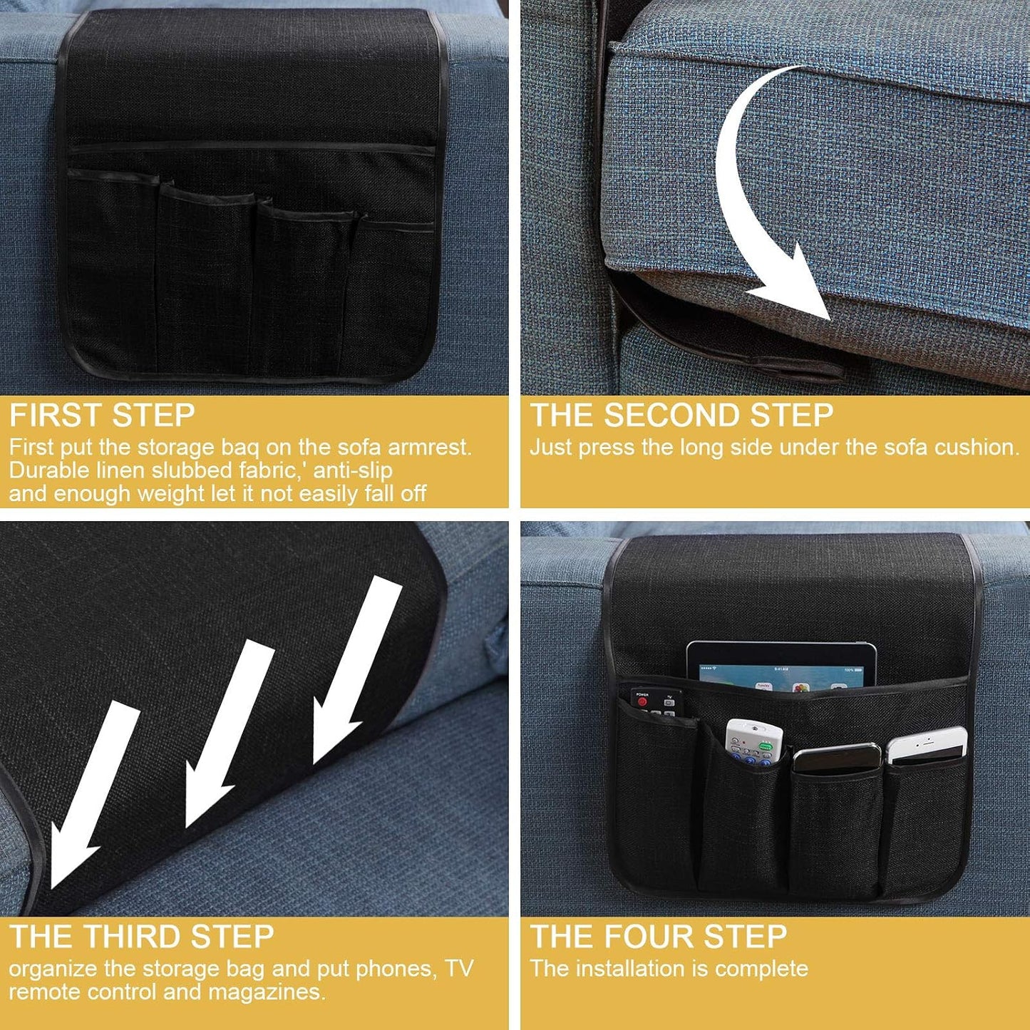 Sofa Armrest Organizer Non-Slip Remote Control Holders for Recliner Couch Chair Armchair Caddy with 5 Pockets for Table,Cell Phone,Ipad,Magazines,Books (Black, 13 x 35 Inch)