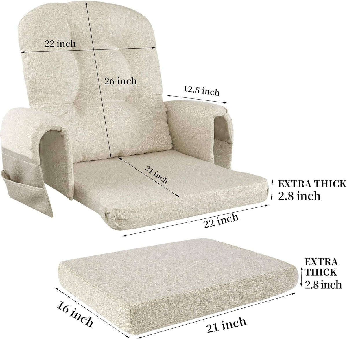 HOMBYS Glider Rocker Replacement Cushions with Storage Side Pocket,Linen-Like Fabric, Foam & Microfiber Filling, Non-Slip & Washable,Thickened & Supportive for Glider Rocking Chair (Khaki)