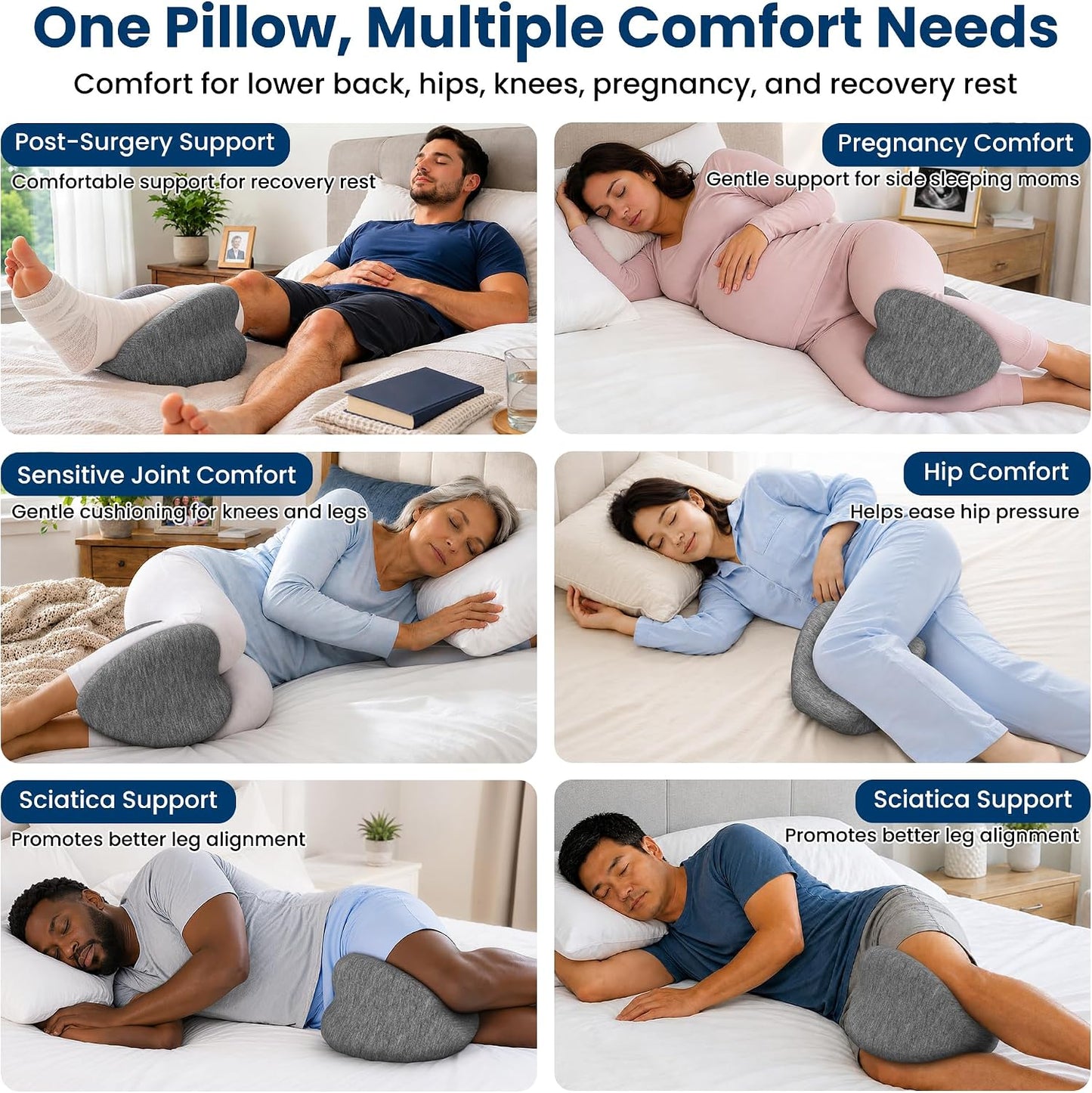 Knee Pillow for Side Sleepers - Cooling Gel Memory Foam Leg Pillow for Side Sleeping, Heart-Shaped Between Legs Cushion for Pressure Relief on Sciatica, Lower Back, Hips & Joints, Grey