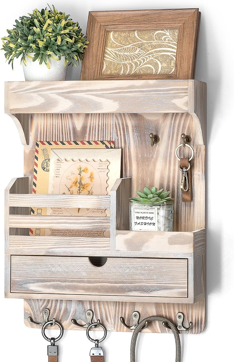 Rebee Vision Key Holder Wall Mount with Drawer Organizer for Entryway,Brown | Pine Wood, 6 Key Hooks, Display Shelf for Plants, Mail Slot for Storage Letter, Multi-Funtional Design, Home Storage