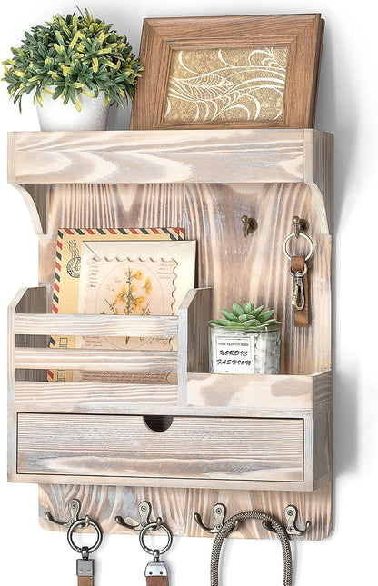 Rebee Vision Key Holder Wall Mount with Drawer Organizer for Entryway,Brown | Pine Wood, 6 Key Hooks, Display Shelf for Plants, Mail Slot for Storage Letter, Multi-Funtional Design, Home Storage
