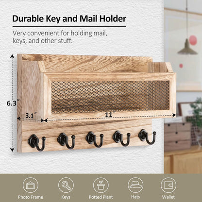 Nekon Mail and Key Holder for Wall Decorative, 11 Inch Mail Holder, Brown | Wooden Wall Key Organizer with 5 Key Hooks, Wall Mount Storage Shelf for Entryway Hallway