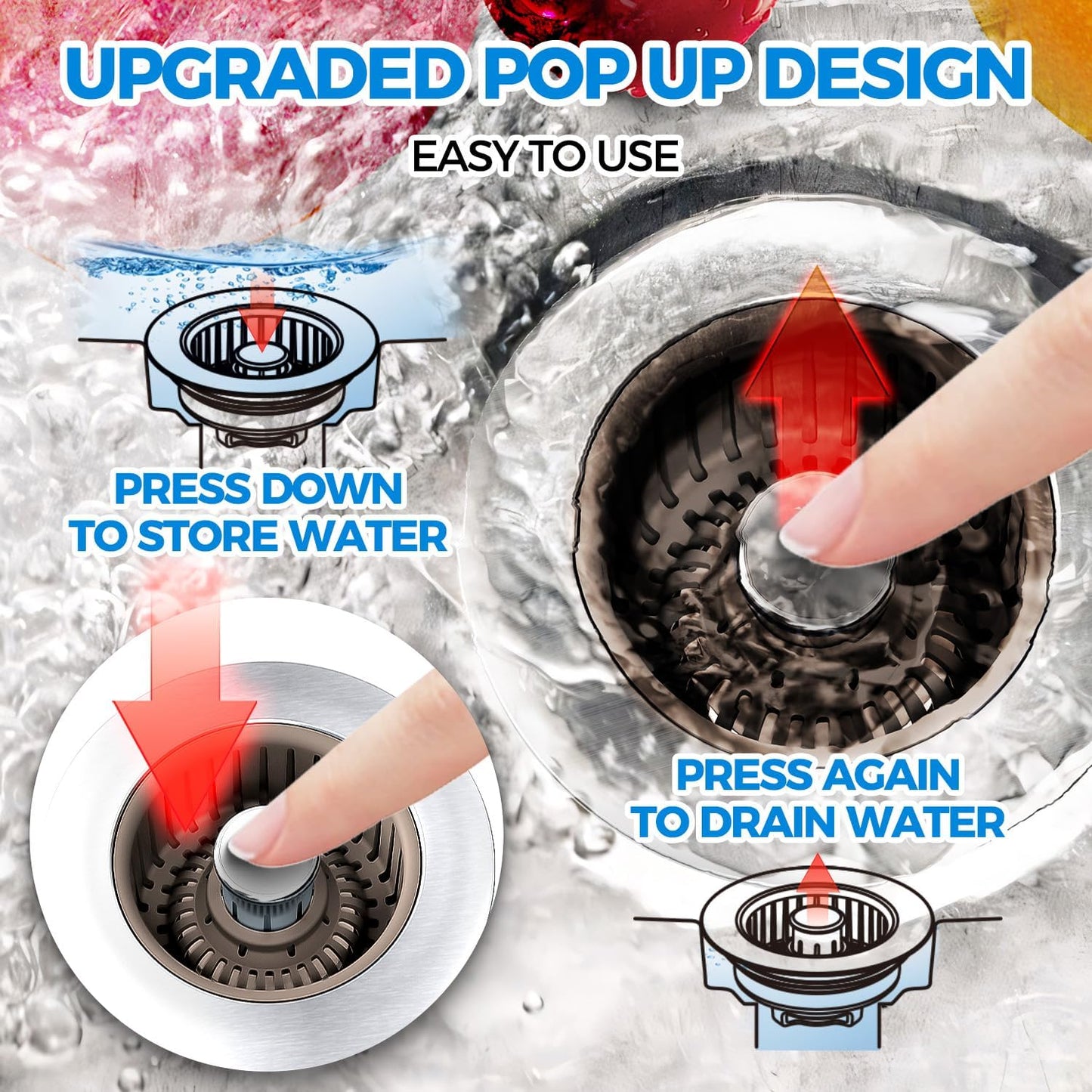 3 in 1 Kitchen Sink Drain Strainer Stopper Removable Basket Pop-Up | Kitchen Sink Food Strainer 1 Pack Silver Stainless - Food Catcher, Odor-Block Seal, Fits 3.5" Drain, Easy Clean