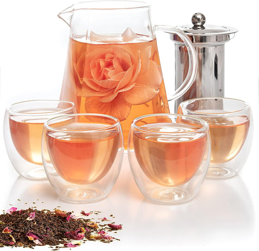Mixpresso Glass Teapot with Infuser, 33 Oz Tea Set with 4 Double Wall Cups