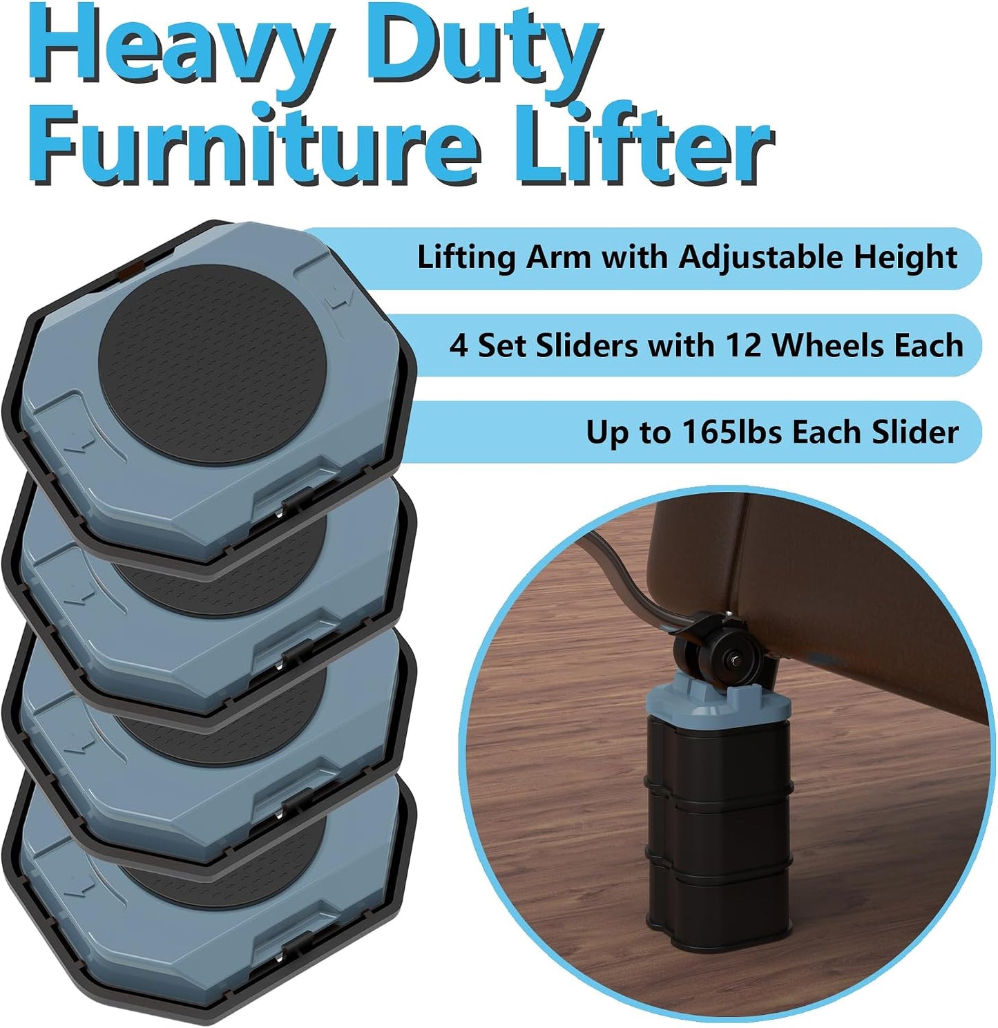 Furniture Lift Mover Tool, Heavy Duty Furniture Lifter and Movers Set with Sliders - Easily Move Heavy Items on Hardwood Flooring and Carpet (Grey Blue)