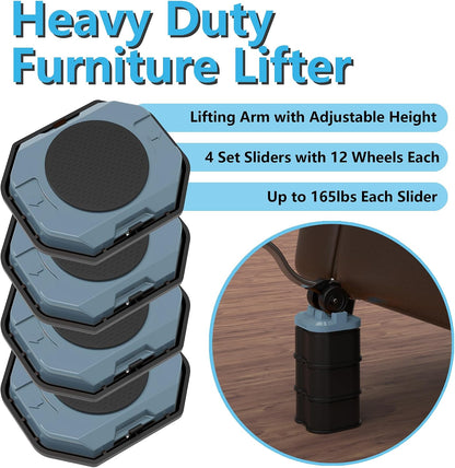Furniture Lift Mover Tool, Heavy Duty Furniture Lifter and Movers Set with Sliders - Easily Move Heavy Items on Hardwood Flooring and Carpet (Grey Blue)