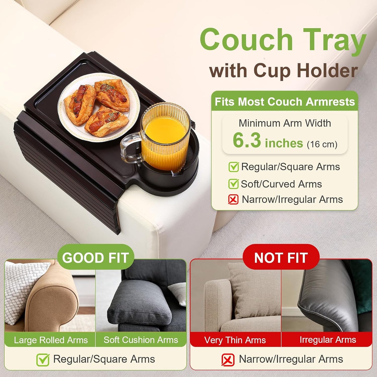 Couch Cup Holder - 3 in 1 Sofa Arm Tray with 360° Rotating Cup Holder & Phone Stand,Arm Chair Rest Table Fits Various of Large Width Couches Armrest,Anti-Slip Foldable Couch Tray for Drinks