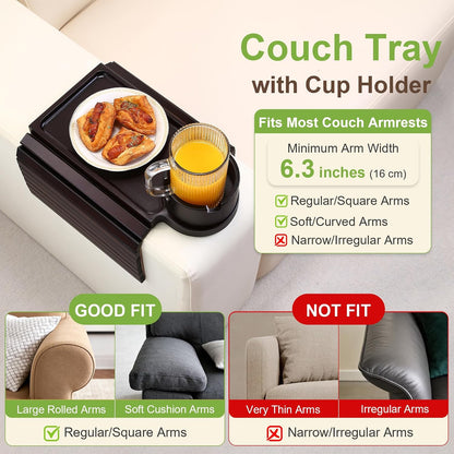 Couch Cup Holder - 3 in 1 Sofa Arm Tray with 360° Rotating Cup Holder & Phone Stand,Arm Chair Rest Table Fits Various of Large Width Couches Armrest,Anti-Slip Foldable Couch Tray for Drinks