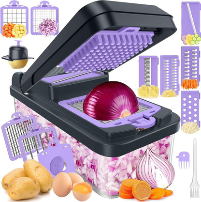 12-in-1 Vegetable Chopper with 7 Blades, Food Veggie Cutter, Green | Includes Egg Separator, Food Container and Finger Guard, Non-slip Base, for Chopping, Slicing, Shredding, and Mincing