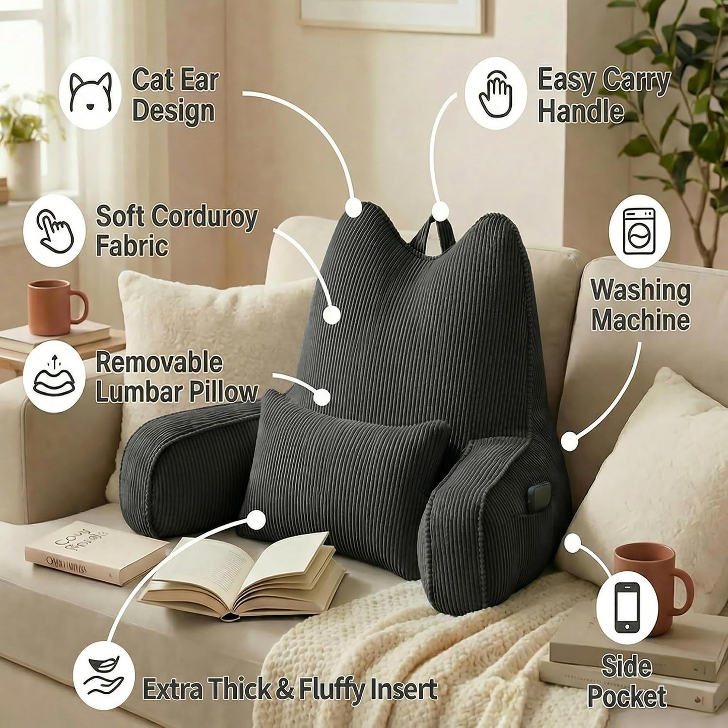 Patented Design Reading Pillow with Arms for Sitting Up, 2-in-1 Bed Rest Pillow with Detachable Lumbar Support, Backrest Support Cushion for Couch with Side Pockets & Handle, Beige Gray