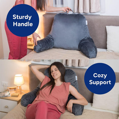 Reading Pillow for Bed with Arms Pockets for Adults, Large Grey | Bed Pillow for Sitting Up for Nursing, Breast Feeding, Bedrest or Relief from GERD or Heartburn; Removable, Washable Cover