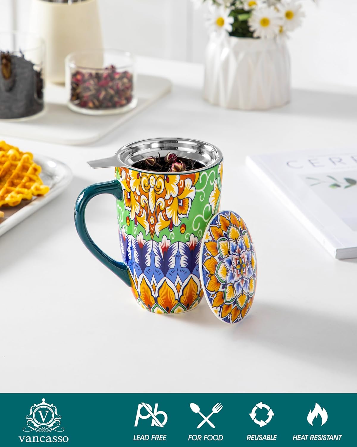 vancasso Ceramic Tea Mug with Infuser and Lid, 18 Ounce Bohemian Loose Leaf Cup, Microwave & Dishwasher Safe, Perfect for Tea, Coffee, Burnt-Cobalt Mandala