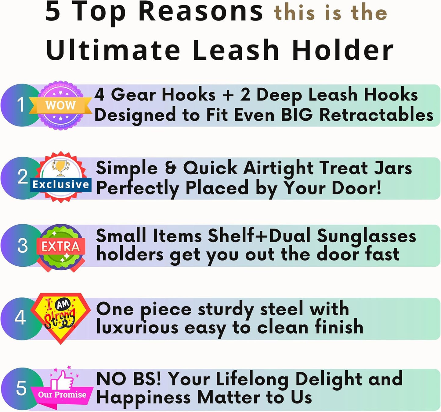 Dog Leash Holder for Wall with Shelf — Wall Mounted Dog Treat Holder & Station, 2 Airtight 32oz Treat Containers, 9 Hooks, Patented Lidless Slide-to-Seal Jars, Solid Steel, Made in USA