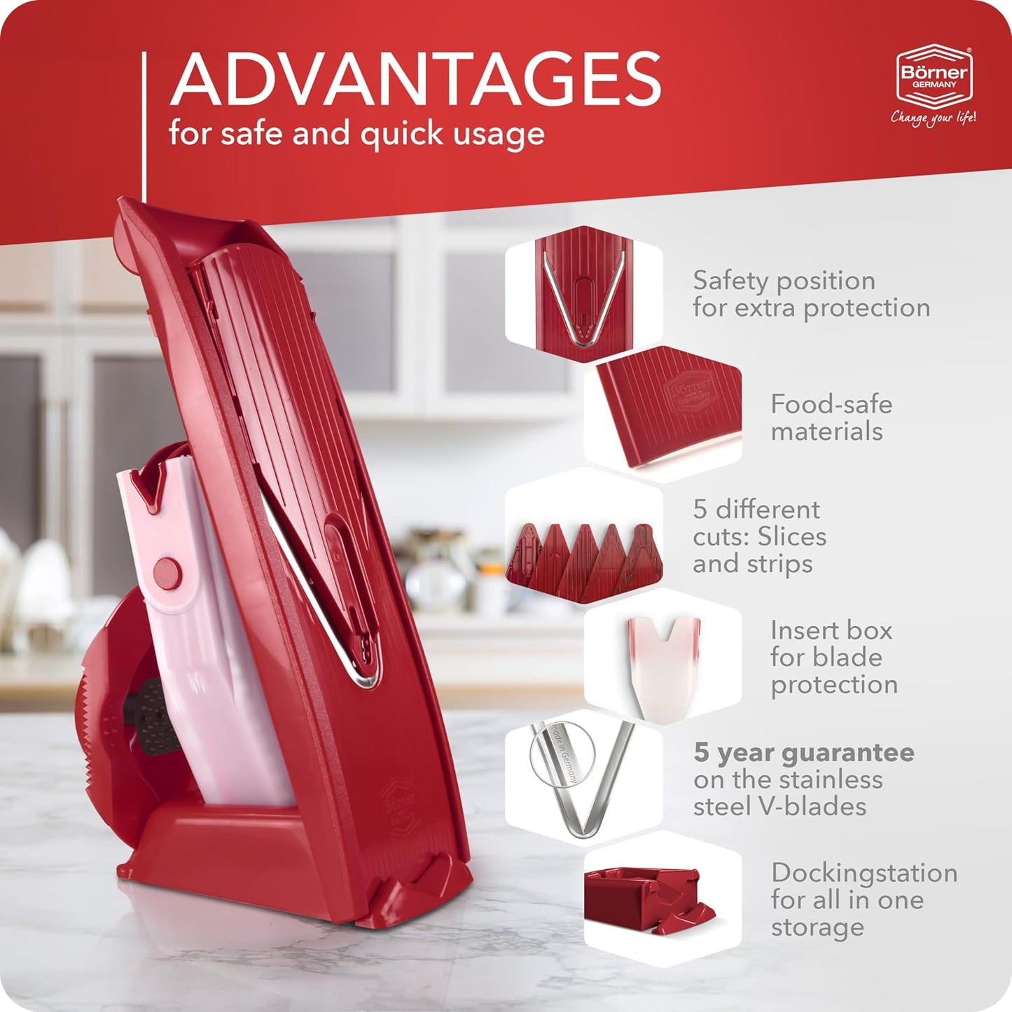 Börner Mandoline Slicer V1 (Basis Set) • V-Slicer with 2 Inserts & Fruit Holder • Adjustable Kitchen Slicer for Vegetables & Fruits • Vegetable Cutter • 3 Thickness Settings • Color: Red