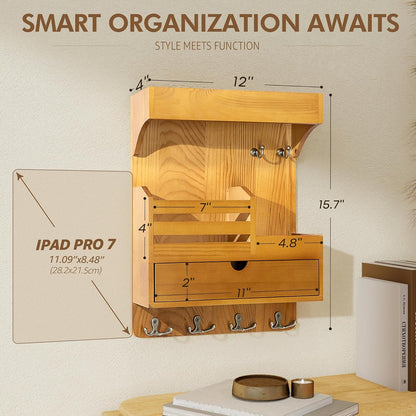 Rebee Vision Key Holder Wall Mount with Drawer Organizer for Entryway,Brown | Pine Wood, 6 Key Hooks, Display Shelf for Plants, Mail Slot for Storage Letter, Multi-Funtional Design, Home Storage