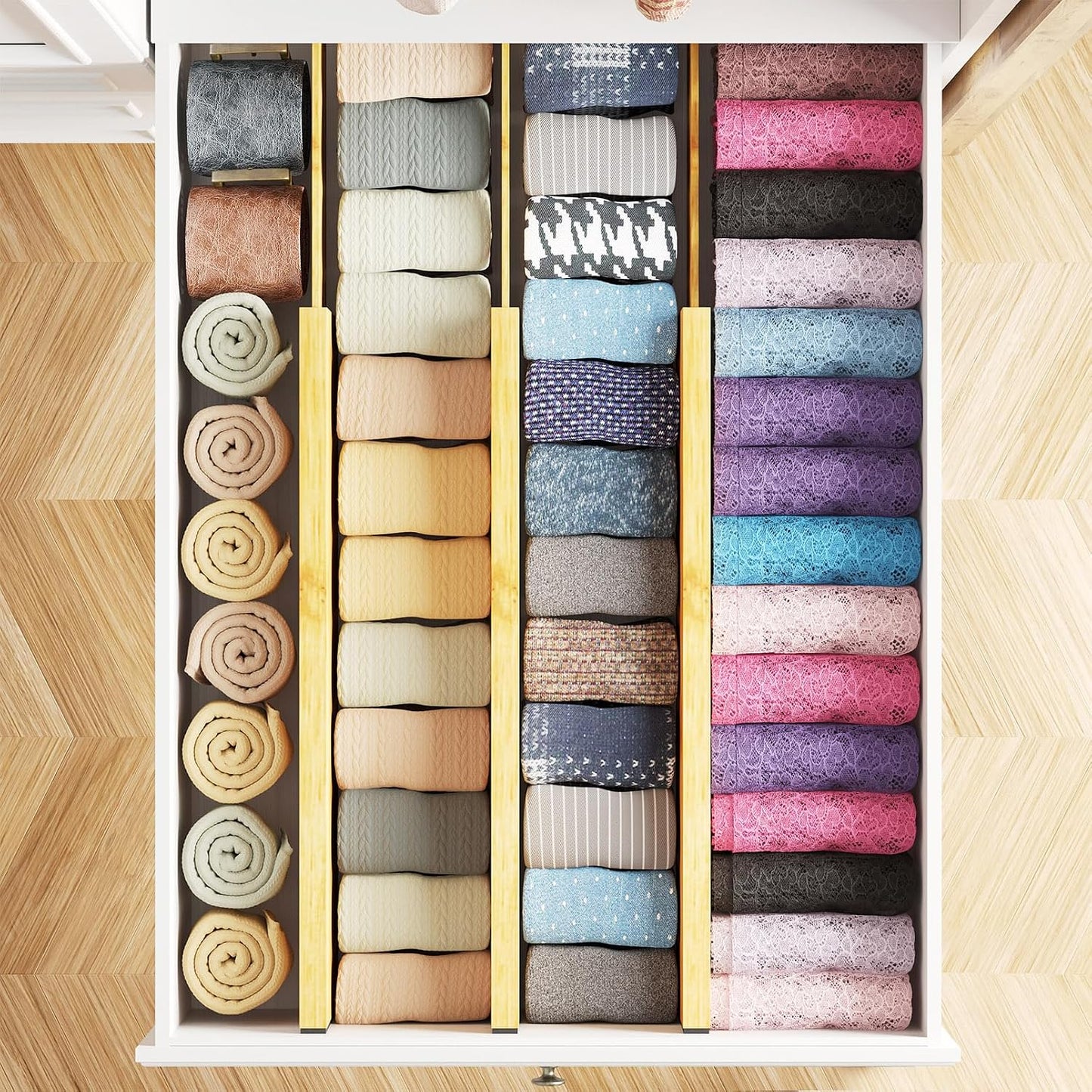 SpaceAid Bamboo Dresser Drawer Dividers 6 Pack, 4.65“ High Adjustable 12.5“-17” Drawer Organizers, Expandable Organization for Clothing, Clothes, Dressers, Natural