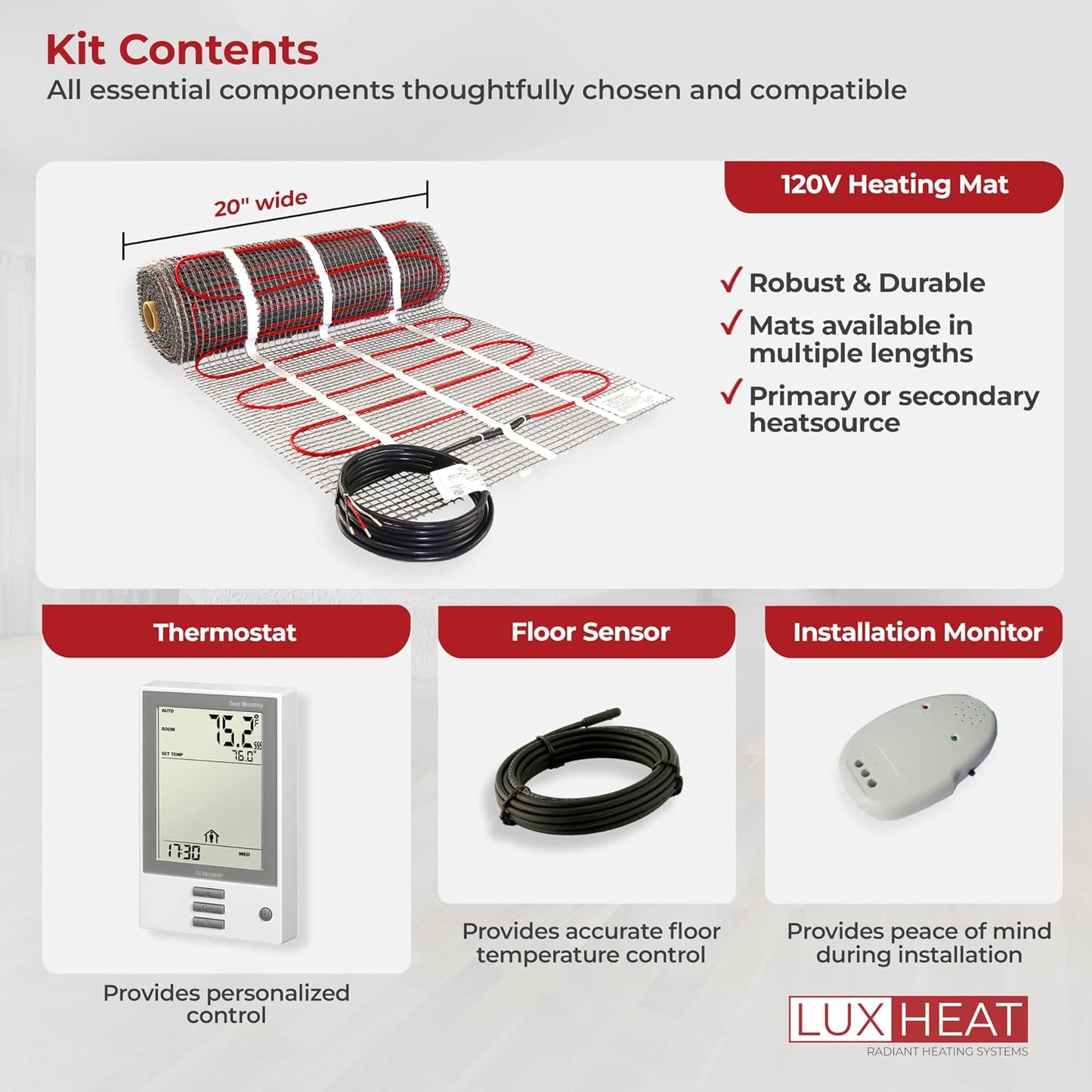 LuxHeat 60 sqft Floor Heat System, Prog Thermostat - 120V Heated Floor Mat | 20in x 36.6ft Self-adhesive Mat, Alarm, UDG 7-Day Prog T/Stat w/ GFCI, Sensor | Heated Floor Tiles For Bathroom, Tile & More